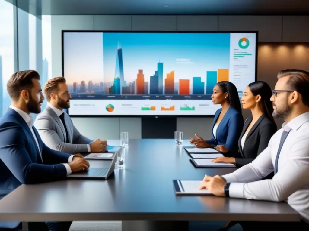 Inversores profesionales debaten estrategias de inversión inmobiliaria en moderno salón con vista a la ciudad Un grupo diverso de inversores profesionales en una sala moderna, discutiendo estrategias para invertir en bienes raíces durante una recesión