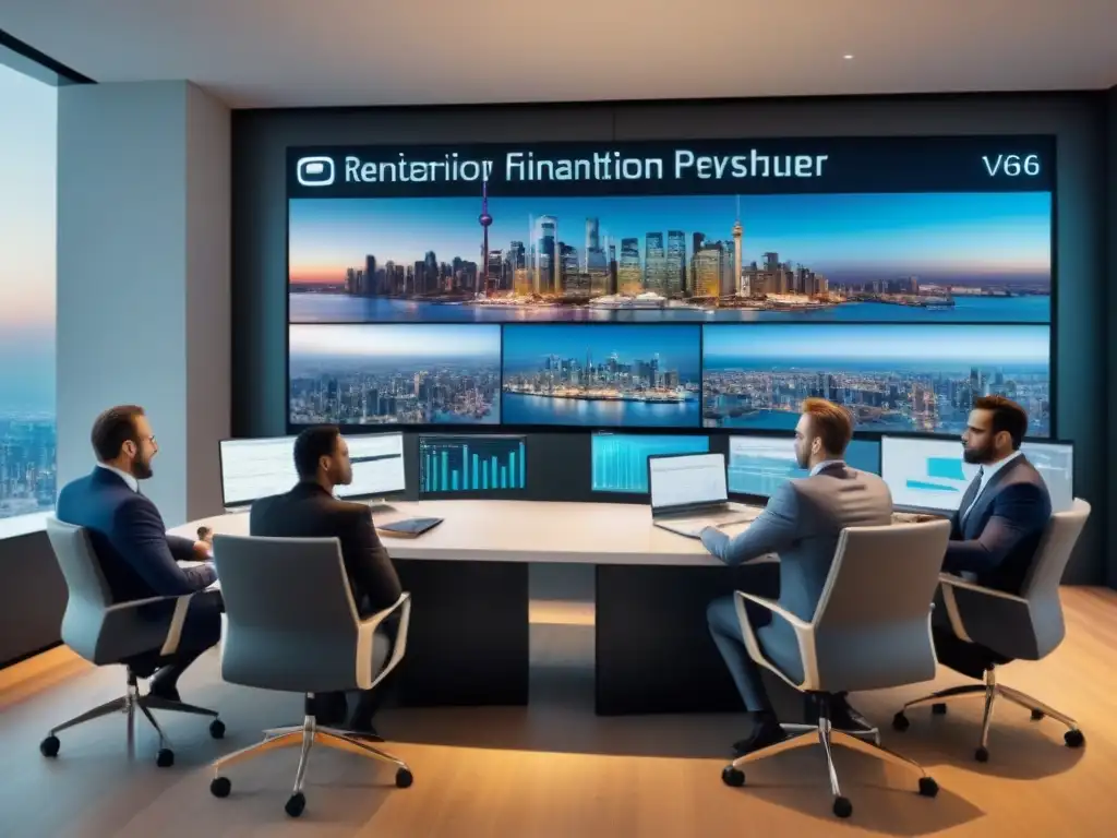 Inversores internacionales en sala de juntas de alto nivel Un grupo diverso de inversores en una sala de juntas moderna, discutiendo sobre invertir en mercado inmobiliario internacional