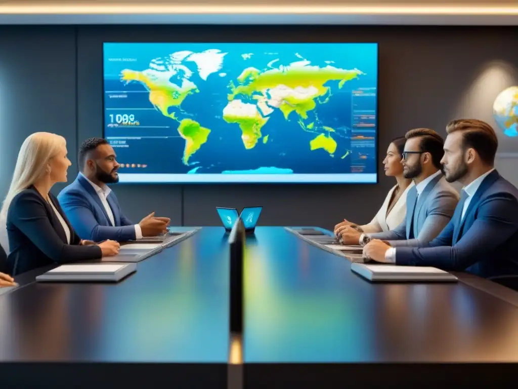 Inversores globales analizando mercados inmobiliarios Un grupo diverso de inversores en una sala de juntas moderna, analizando datos globales en tiempo real sobre bienes raíces internacionales