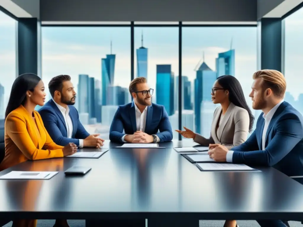 Inversores globales en sala de juntas moderna Un grupo diverso de inversores en una sala de juntas moderna, discutiendo estrategias de inversión global