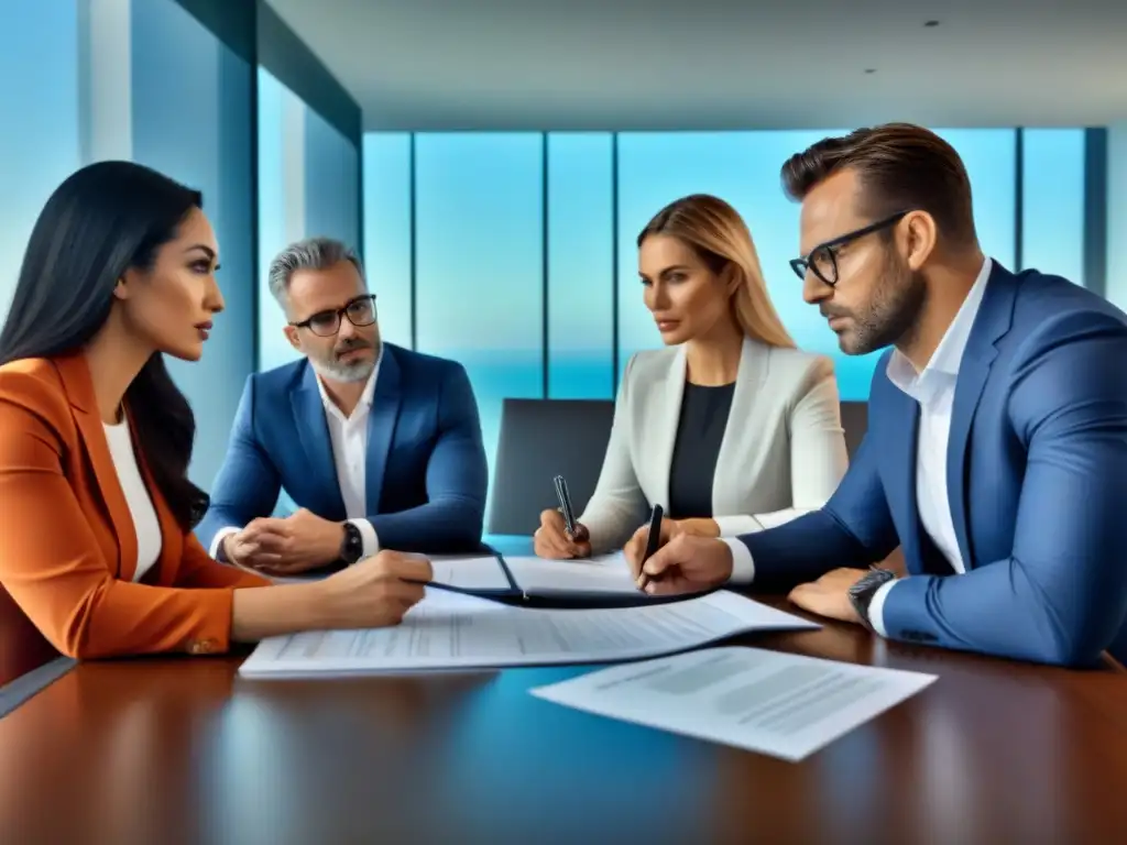 Inversores analizan documentos legales en moderna sala de juntas Un grupo diverso de inversores serios revisa documentos legales en una mesa de conferencias