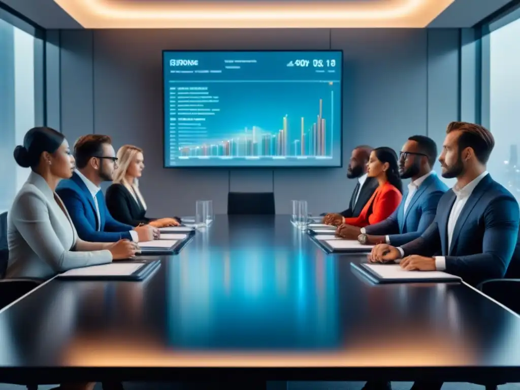 Inversores analizan gráficos en oficina futurista durante crisis económica Grupo diverso de inversores serios estudian estrategias de inversión inmobiliaria en una oficina moderna durante una crisis económica