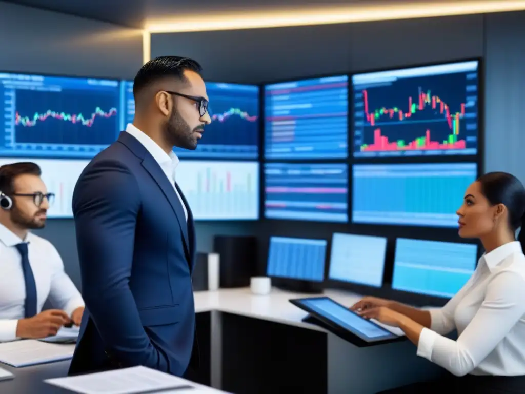 Inversores analizando gráficos financieros en pantalla en moderna oficina Un grupo diverso de inversores serios analizando gráficos financieros en pantallas digitales en una oficina moderna y elegante