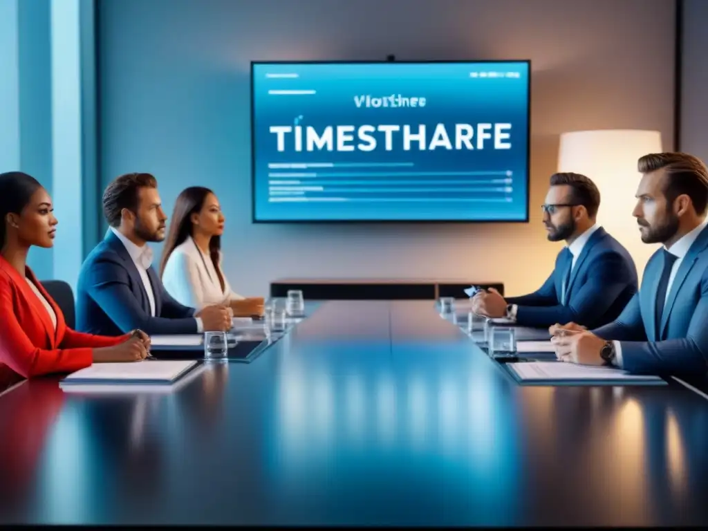 Inversores serios analizan leyes de tiempos compartidos en mesa futurista Grupo diverso de inversores serios revisando leyes de tiempo compartido en una sala futurista