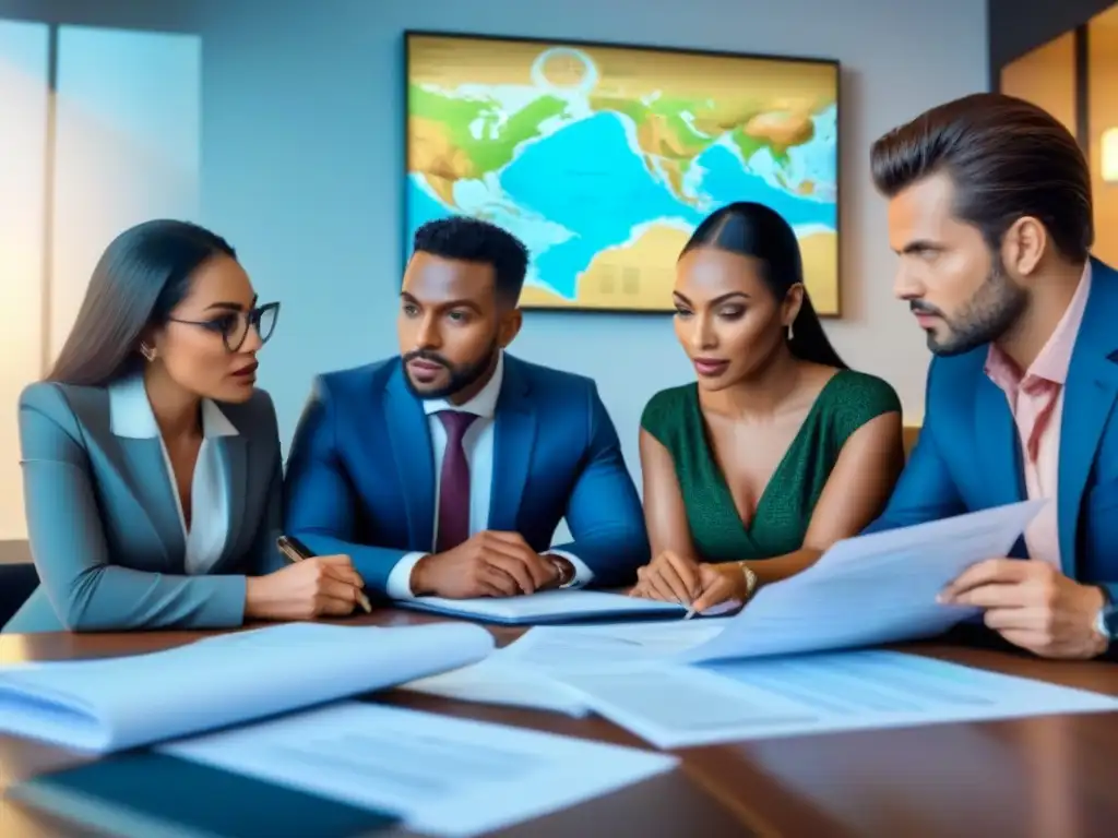 Inversores analizan contratos de timeshare en oficina moderna Un grupo diverso de inversores serios revisa documentos legales sobre inversiones en tiempo compartido en una oficina profesional