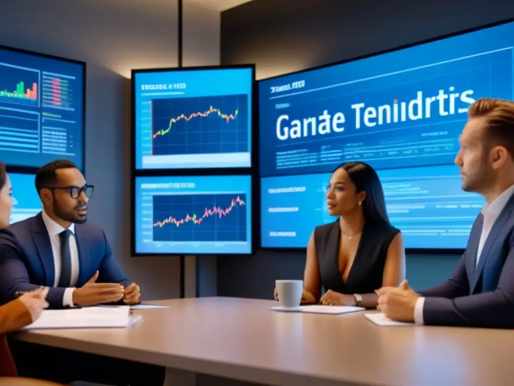 Reunión diversa de inversores: tendencias inmobiliarias internacionales Grupo diverso de inversores discutiendo tendencias del mercado inmobiliario internacional en una moderna sala
