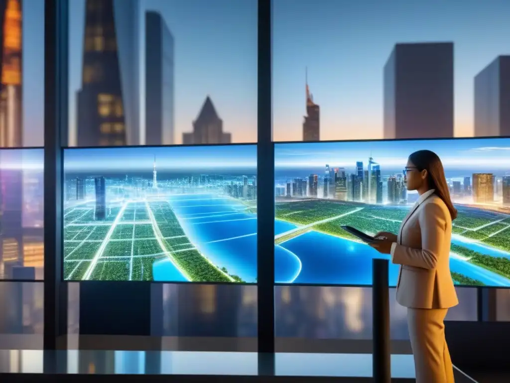 Un grupo diverso de inversores analiza terrenos sin desarrollar en una holografía futurista, en una ciudad bulliciosa