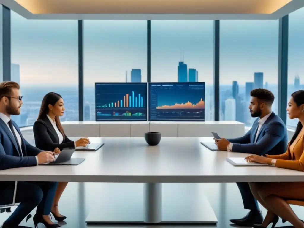 Inversores jóvenes analizan tendencias inmobiliarias en oficina moderna Un grupo diverso de jóvenes inversores estudian tendencias del mercado inmobiliario internacional en una oficina de alto standing