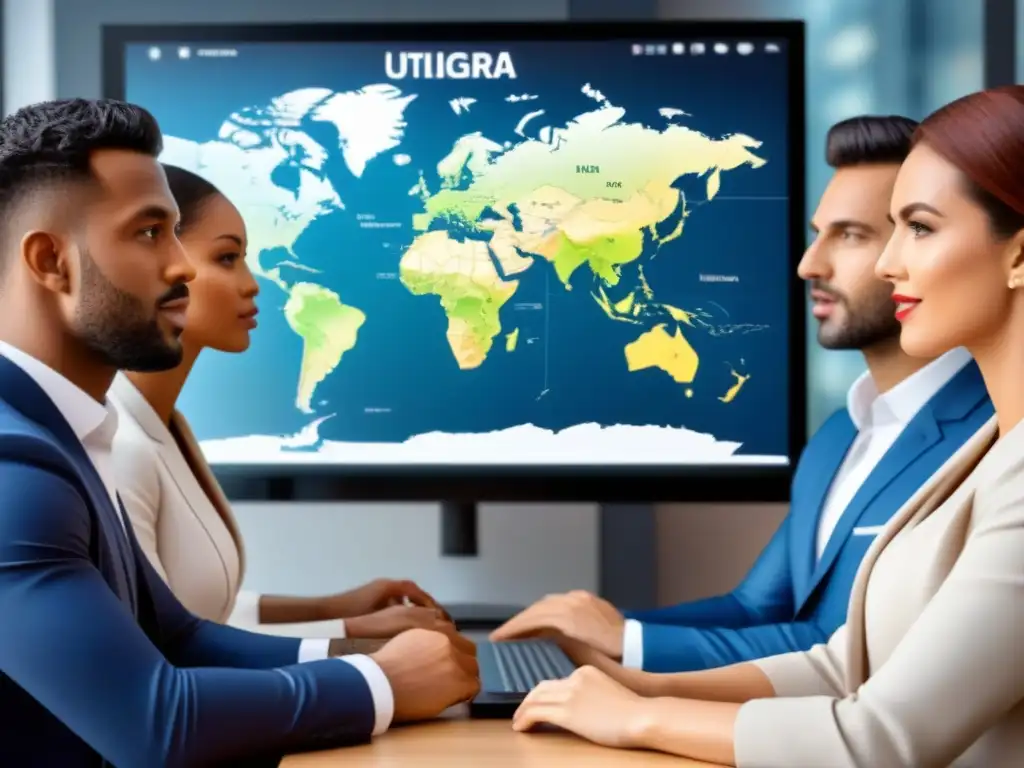Profesionales globales discuten mercado inmobiliario en redes sociales Un grupo diverso de jóvenes profesionales discuten sobre el mercado inmobiliario internacional en redes sociales