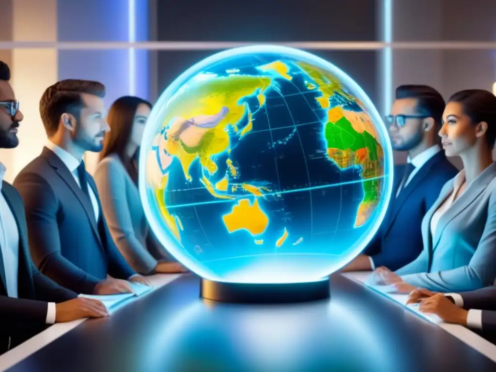 Profesionales analizan mercado inmobiliario global en holograma 8k Un grupo diverso de jóvenes profesionales analiza inversiones inmobiliarias internacionales frente a un holograma futurista y detallado