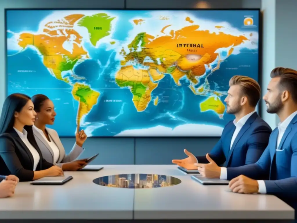 Profesionales debaten estrategias globales de inversión inmobiliaria Un grupo diverso de jóvenes profesionales debaten estrategias de inversión inmobiliaria internacional en una moderna sala de juntas