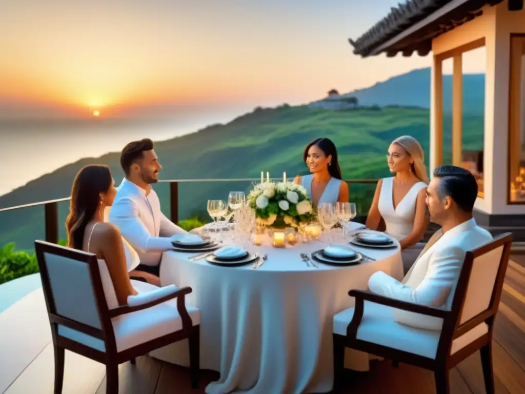 Exclusiva cena al atardecer en resort de lujo Grupo diverso disfruta de una lujosa cena al atardecer en resort tiempo compartido de lujo