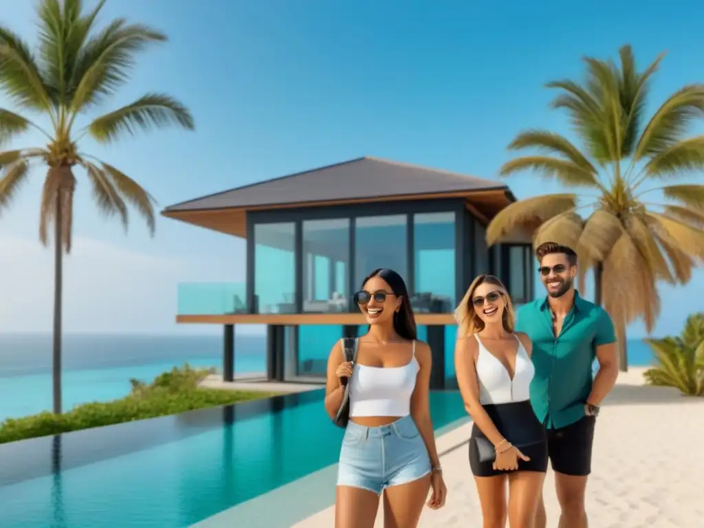 Influencers felices en lujosa propiedad frente al mar Un grupo diverso de influencers sonríe frente a lujosa propiedad vacacional en la playa, preparándose para promocionar en redes sociales