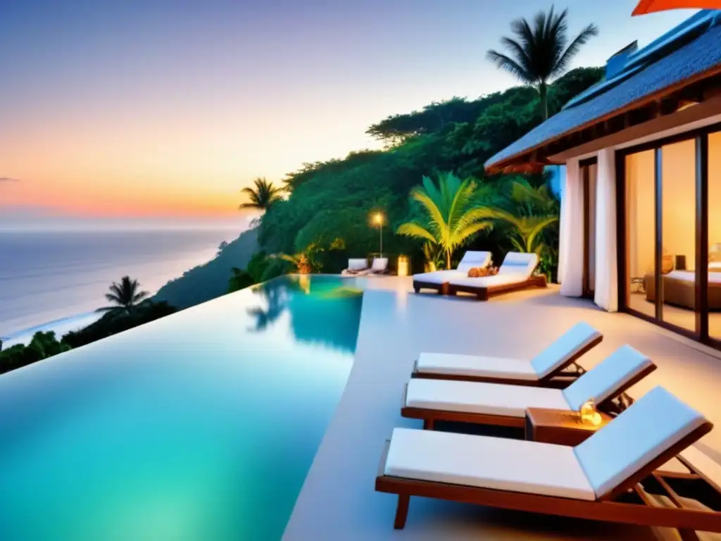 Exclusiva comunidad vacacional frente al mar al atardecer Grupo diverso disfruta de lujosa villa vacacional frente a la playa al atardecer, promoviendo estrategias marketing tiempo compartido internacional