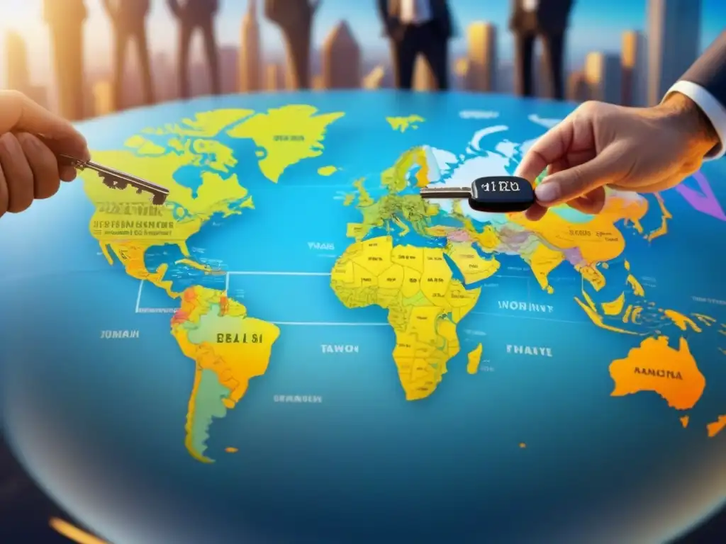 Complejidad de Impuestos Globales: Diversidad y Propiedad Grupo diverso en mapa mundial con impuestos sobre propiedad internacional