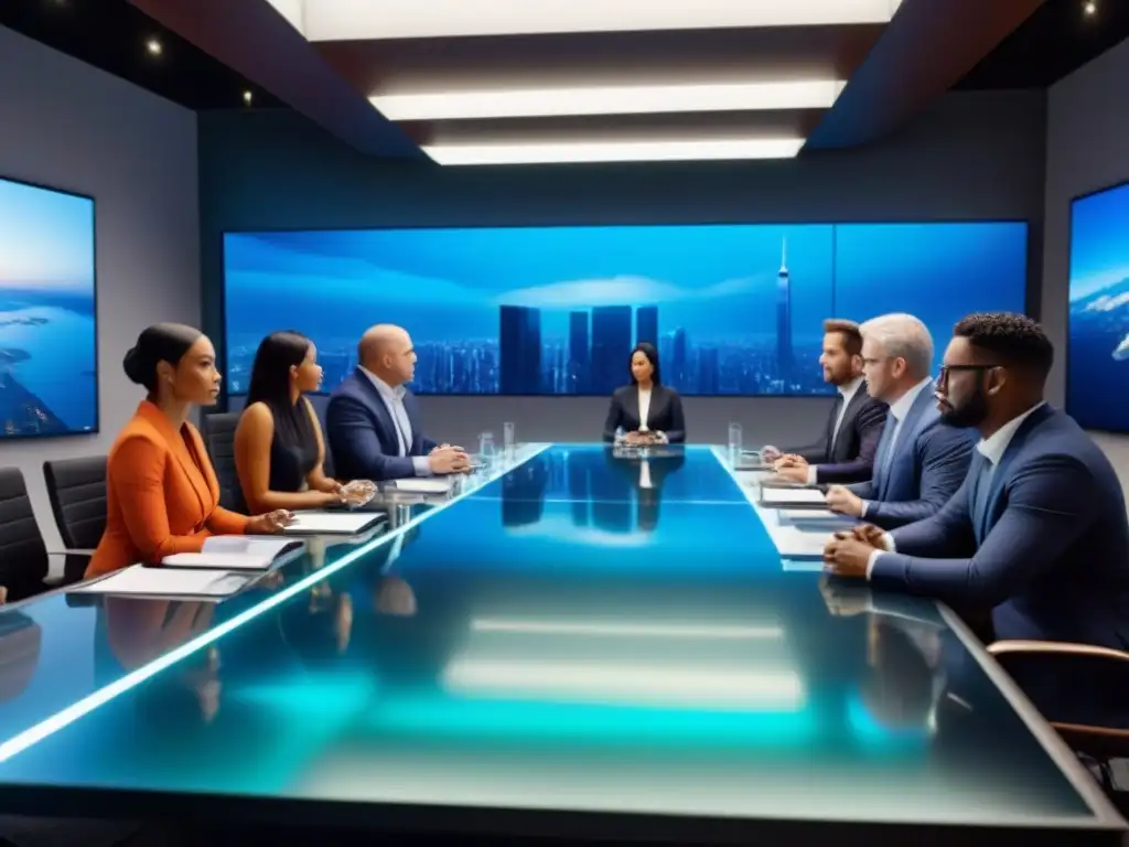 Negociación global en la inversión inmobiliaria Grupo diverso en mesa de negociaciones futurista sobre inversiones inmobiliarias internacionales consejos