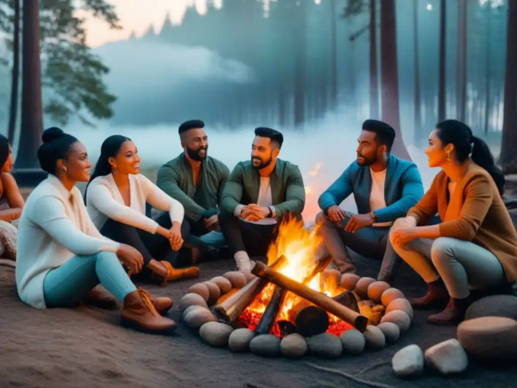 Campfire Stories: Diversidad cultural en el bosque al anochecer Grupo diverso disfruta de noche mágica alrededor de fogata, representando culturas