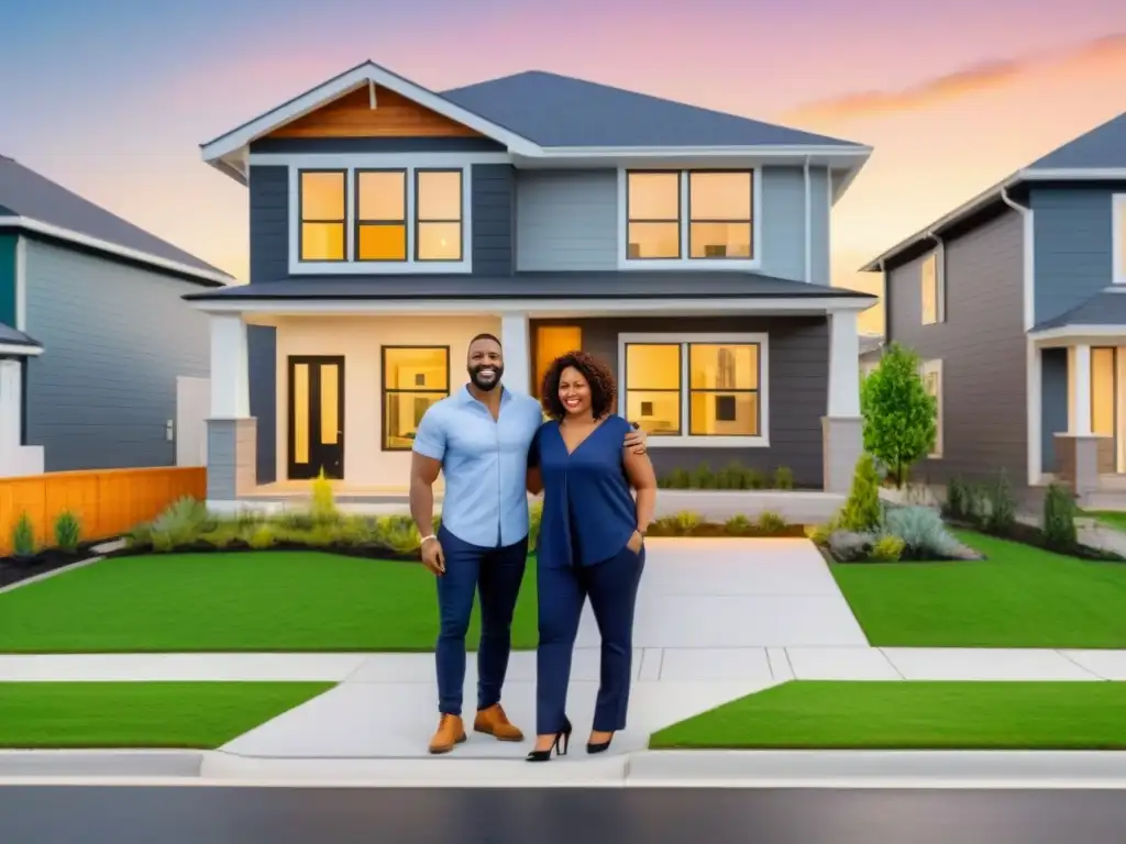 Logros y comunidad: Familias y profesionales felices en su nuevo hogar Un grupo diverso celebra ante su nueva vivienda asequible