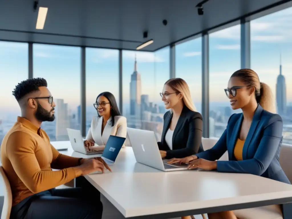 Grupo diverso de Millennials en oficina colaborativa, discutiendo estrategias de inversión en bienes raíces internacionales