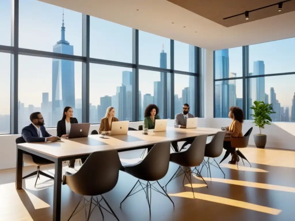 Reunión de Millennials en oficina moderna Un grupo diverso de Millennials en una oficina moderna discuten estrategias de inversión inmobiliaria internacional