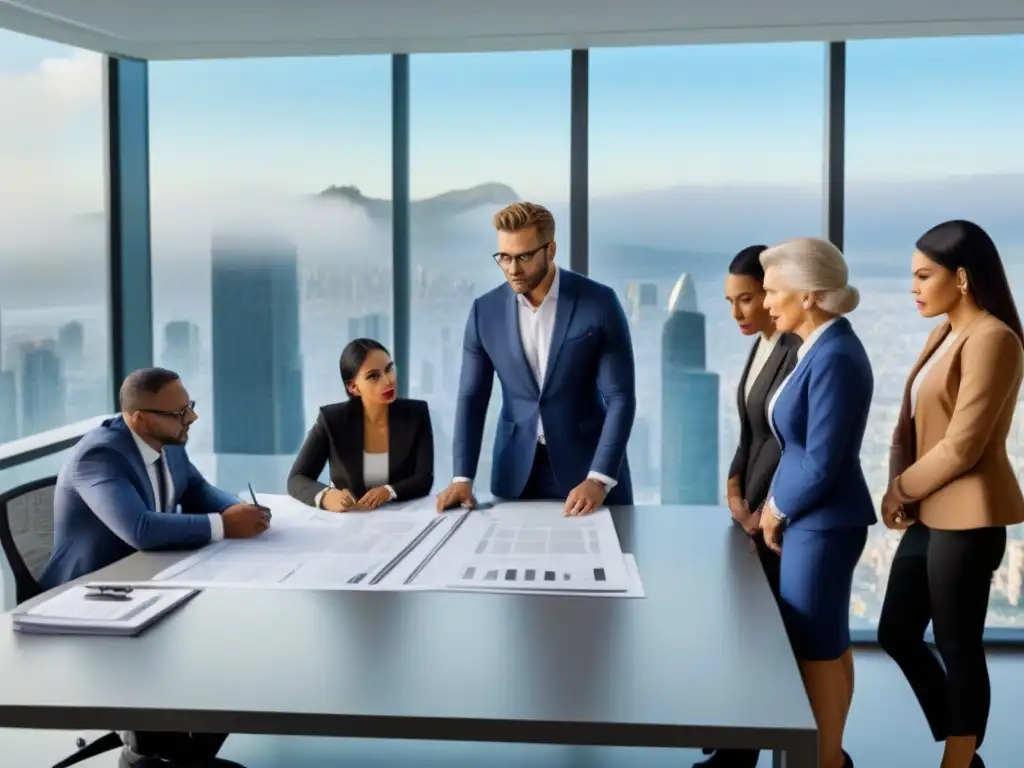 Reunión detallada sobre documentos inmobiliarios en Latinoamérica Grupo diverso en oficina moderna examina documentos inmobiliarios
