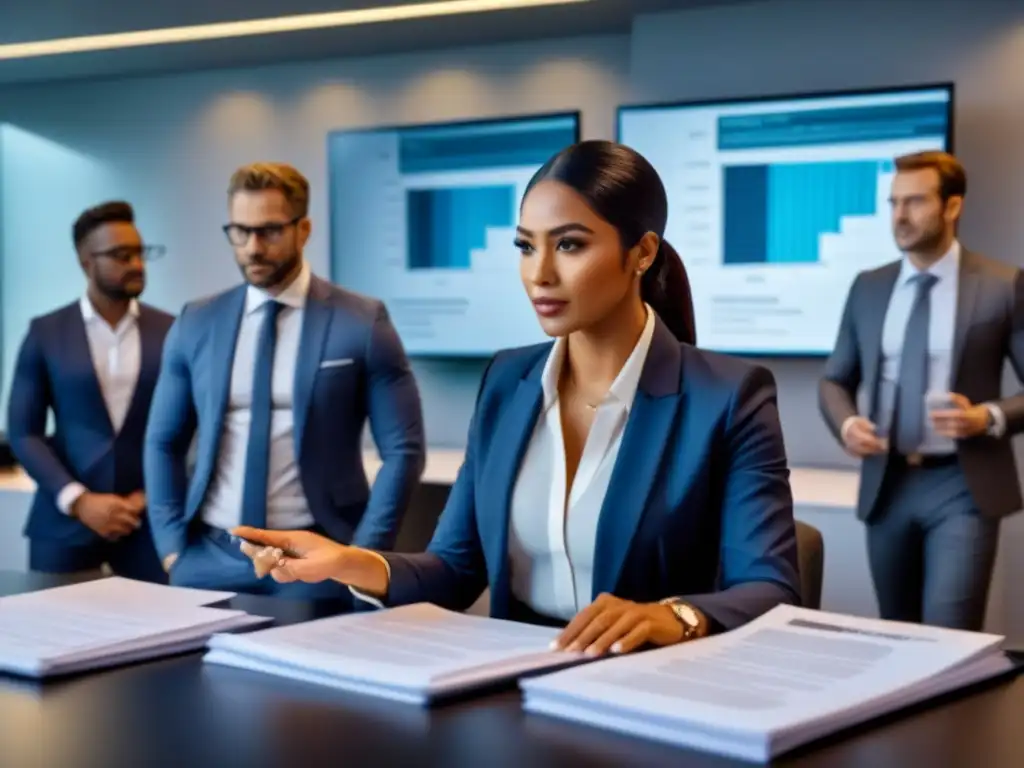 Inversión segura en bienes raíces: profesionales debaten en oficina moderna Grupo diverso en oficina moderna discutiendo inversión inmobiliaria mercados emergentes riesgos