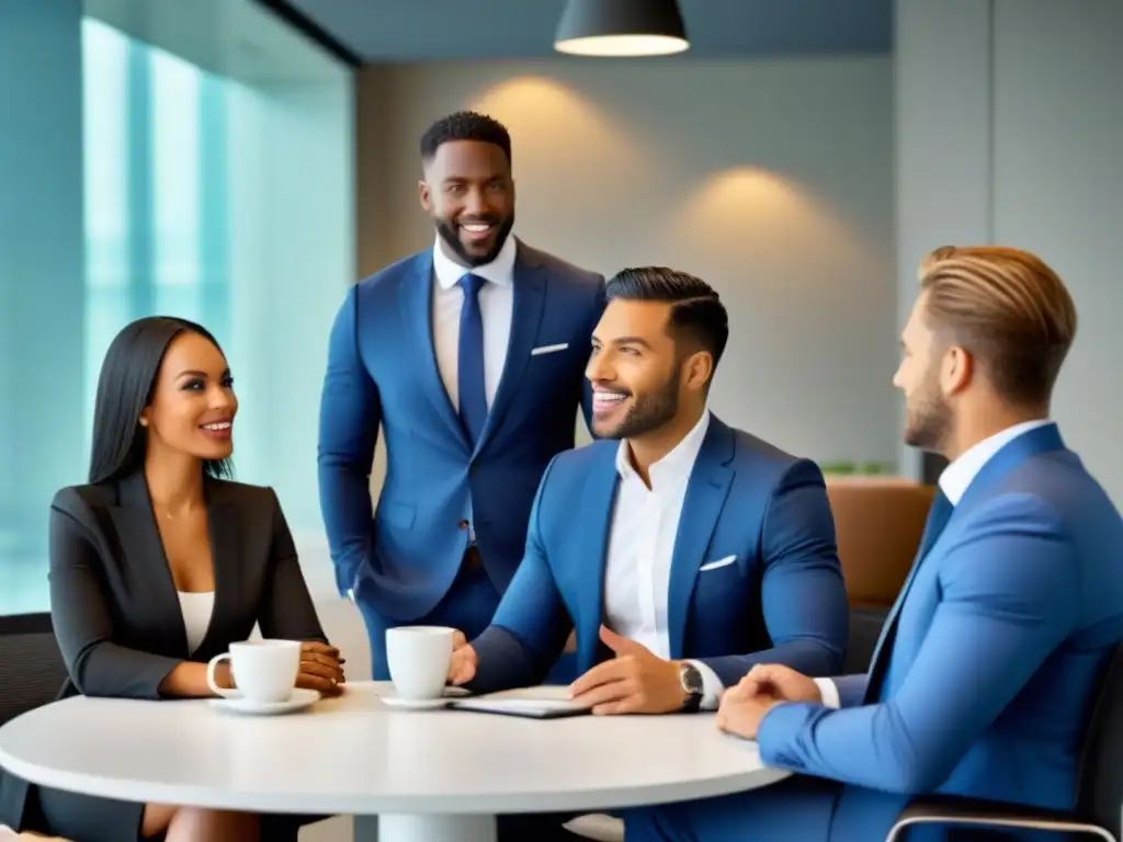 Un grupo diverso en una oficina moderna discutiendo estrategias de venta de tiempo compartido