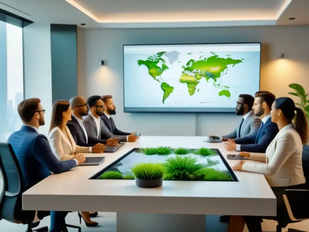 Jóvenes líderes de la industria inmobiliaria sostenible Un grupo diverso de millennials en una oficina moderna discute proyectos inmobiliarios sostenibles en una pantalla digital