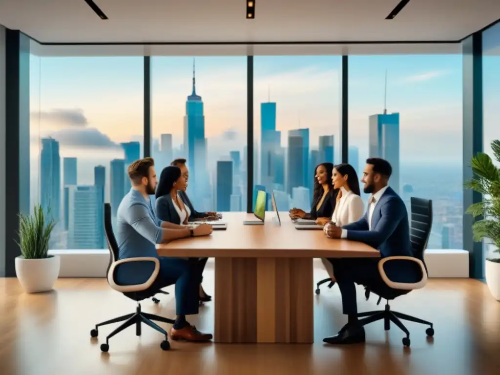 Inversión inmobiliaria global: Millennials en reunión Grupo de Millennials diverso en una oficina sofisticada discutiendo tendencias de inversión inmobiliaria internacional