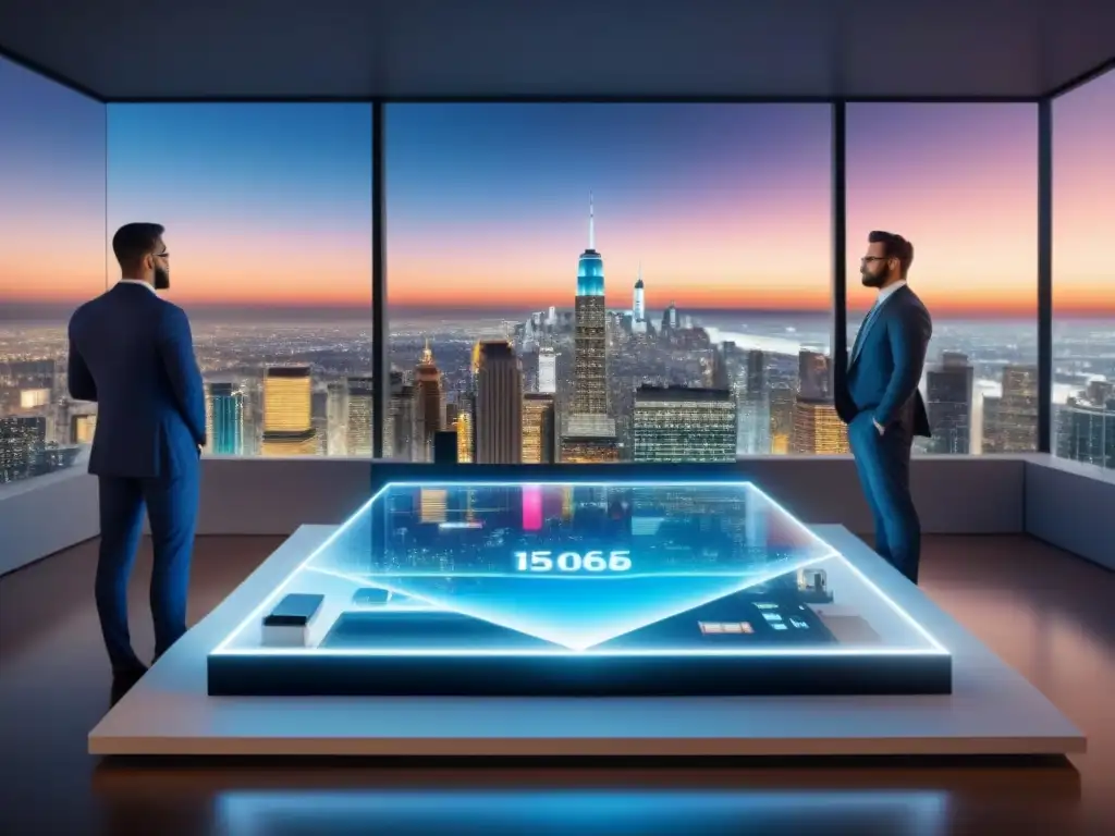 Inversores analizan oportunidades inmobiliarias con tecnología holográfica Grupo diverso de pequeños inversores analizando oportunidades de Crowdfunding inmobiliario en una interfaz futurista holográfica