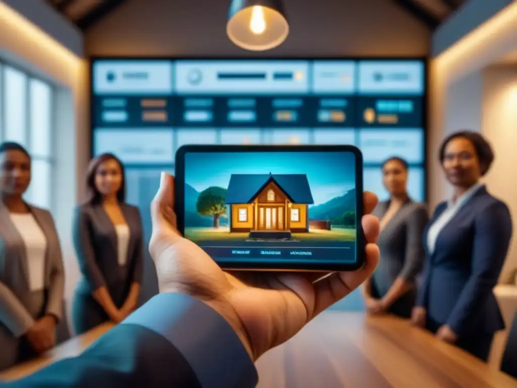 Inversores reunidos: futuro del crowdfunding inmobiliario Grupo diverso de pequeños inversores con casas en mano, frente a interfaz futurista de crowdfunding inmobiliario