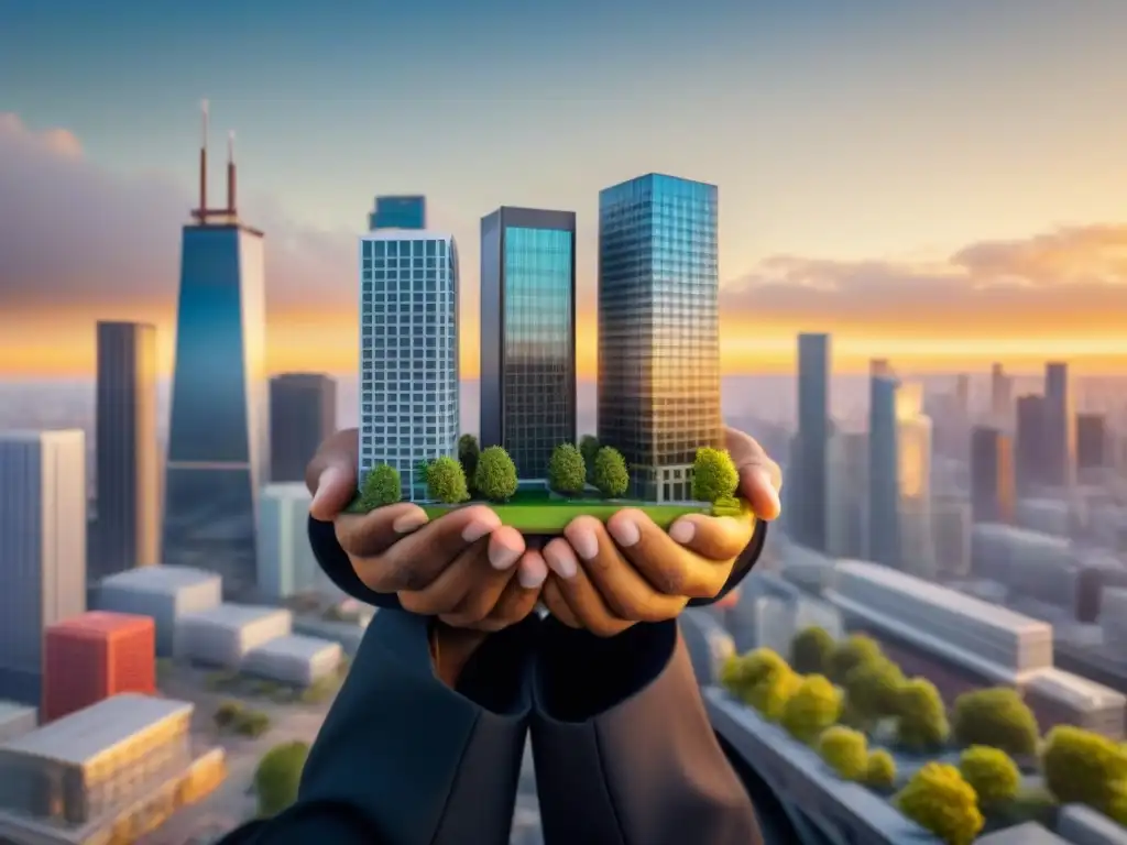 Inversores unidos: diversidad inmobiliaria en la ciudad moderna Un grupo diverso de pequeños inversores sostiene miniaturas de propiedades inmobiliarias en una vibrante ciudad