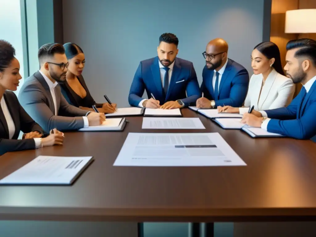 Multicultural Firma Acuerdo Timeshare en Oficina Moderna Un grupo diverso de personas firmando acuerdos de tiempo compartido en una oficina moderna