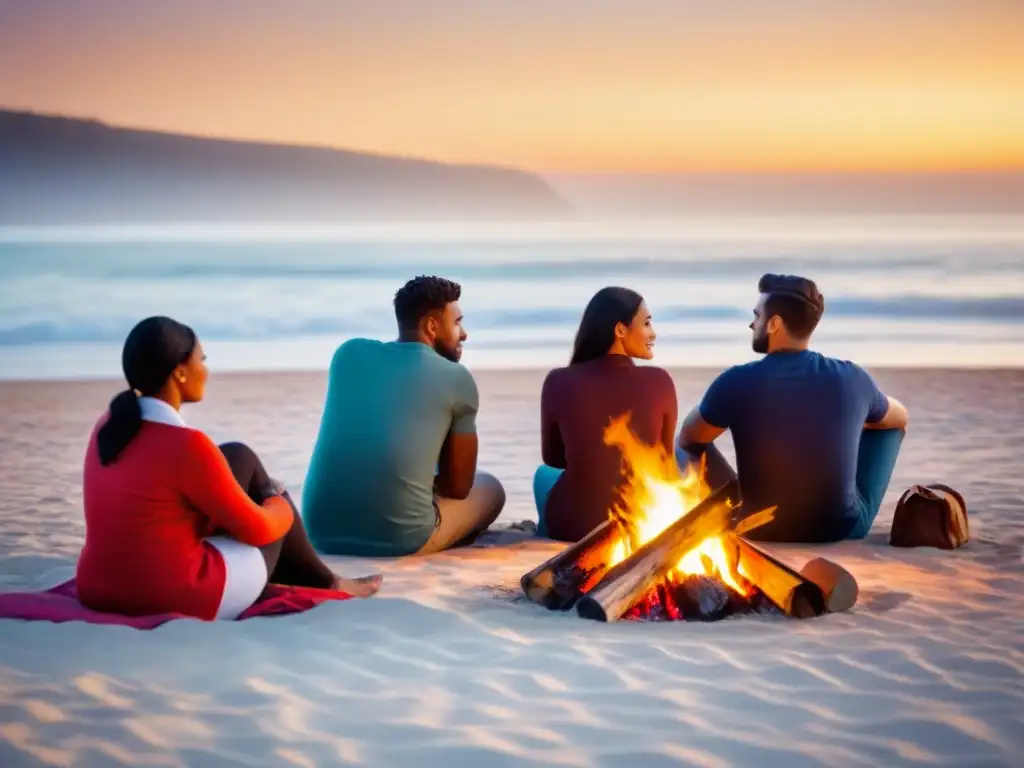 Grupo diverso junto a fogata en la playa al atardecer Un grupo diverso de personas se reúne alrededor de una fogata en la playa al atardecer, escuchando historias