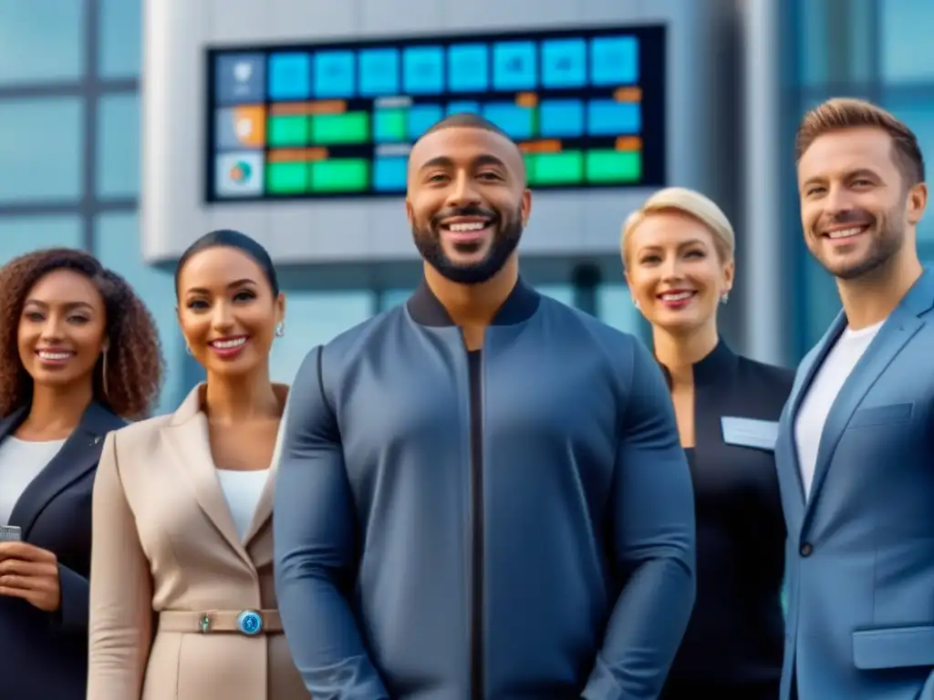 Grupo diverso frente a banco futurista: claves internacionales Un grupo diverso de personas frente a un banco futurista, con llaves y sonriendo