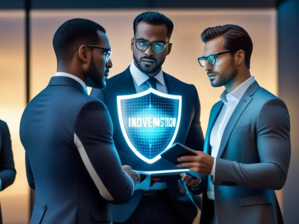 Análisis de inversiones y colaboración: protegiendo el futuro financiero Grupo diverso de personas analizando gráficos de inversión bajo un escudo protector, con tecnología futurista