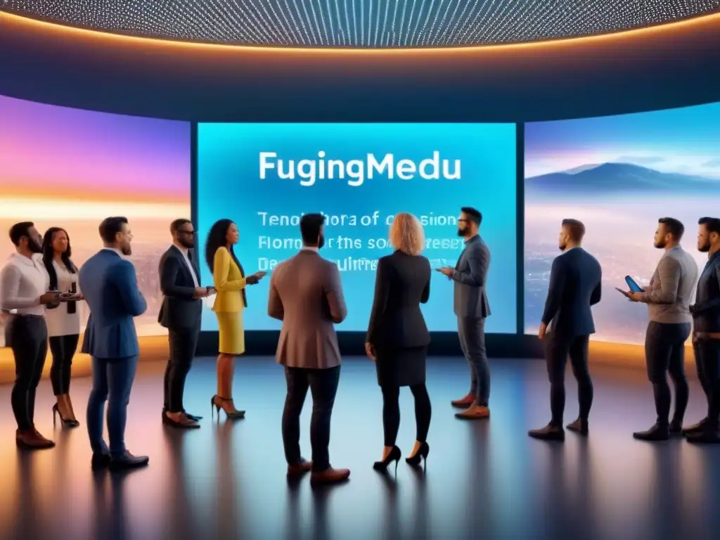 Conectividad global: diversidad cultural en redes holográficas Un grupo diverso de personas interactúa en redes sociales en pantallas holográficas, conectando culturas con marketing inmobiliario adaptado