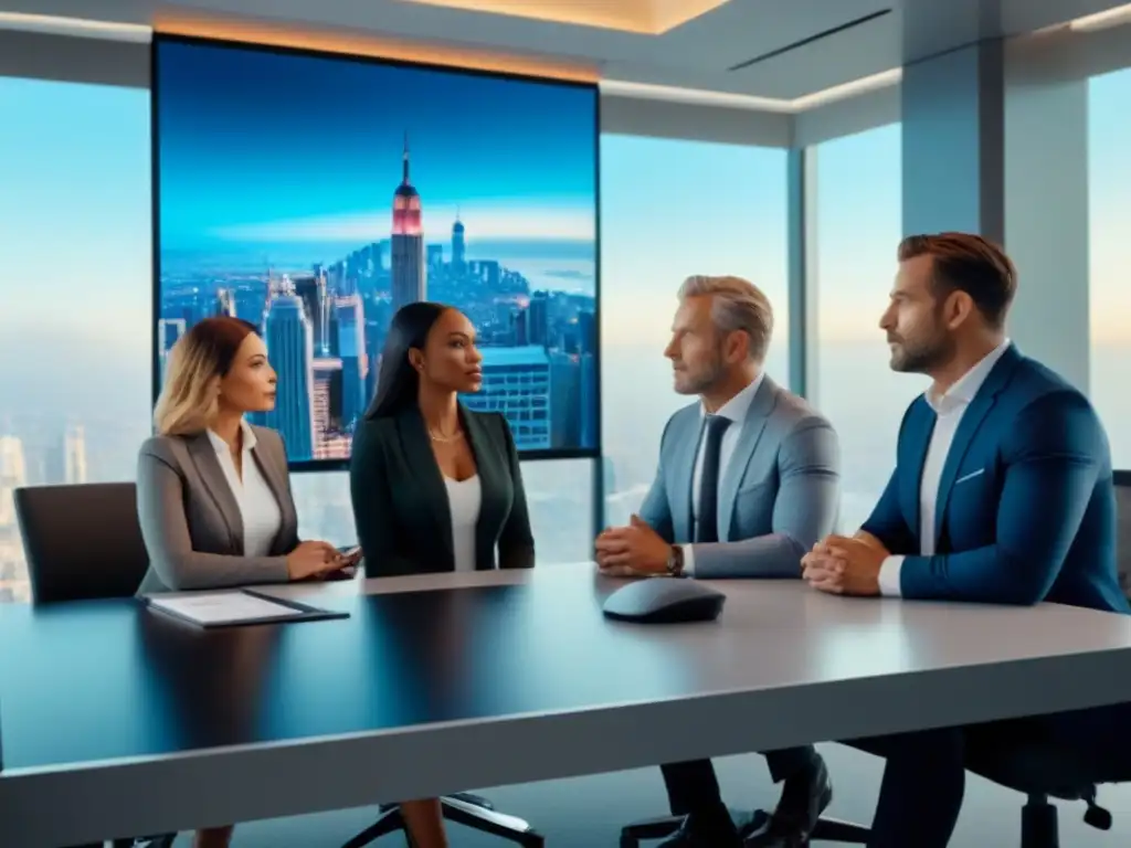 Reunión inmobiliaria futurista en oficina moderna Un grupo diverso de personas en una oficina moderna discutiendo con un agente inmobiliario