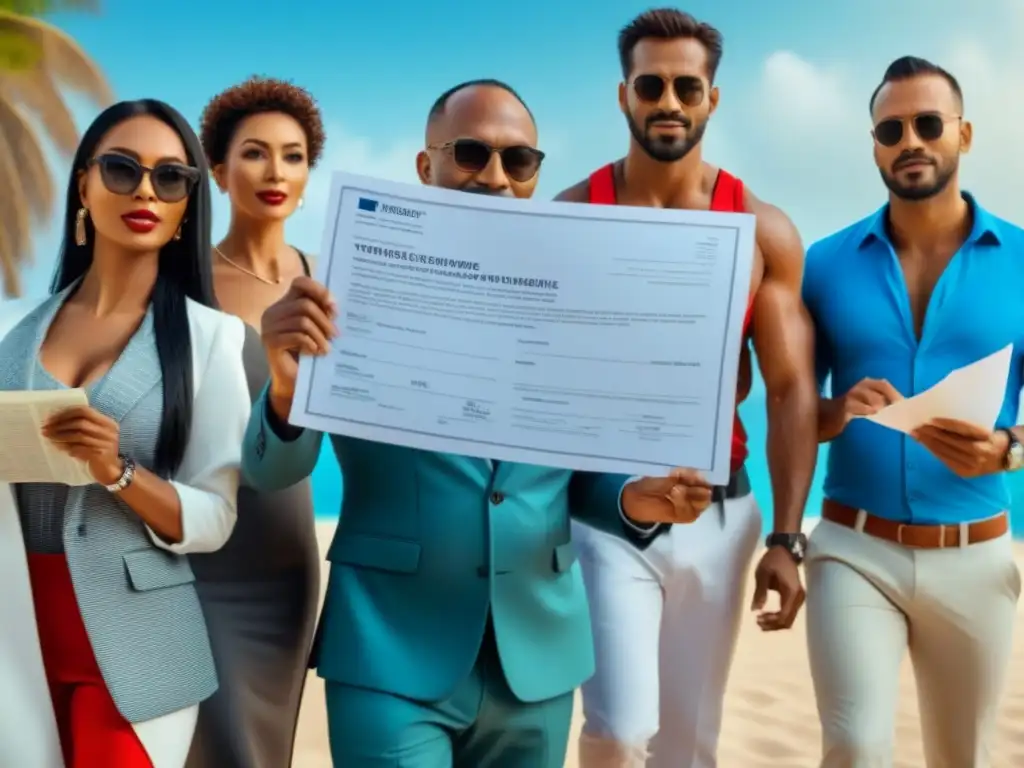 Multinacional: Leyes de Tiempo Compartido en el Mundo Un grupo diverso de personas de diferentes países sostiene documentos legales sobre leyes de tiempo compartido internacionales, con emblemáticos monumentos de fondo