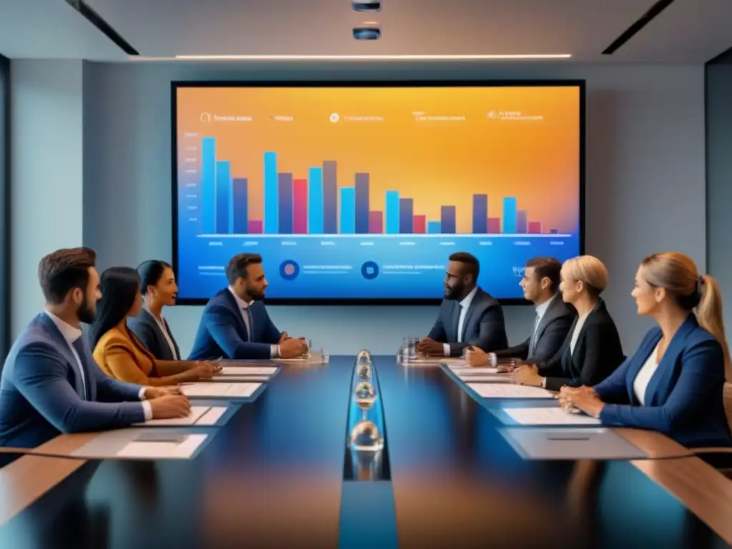 Inversión inmobiliaria global: diversidad y colaboración Un grupo diverso y profesional discute estrategias de inversión en bienes raíces internacionales alrededor de una mesa de conferencias elegante