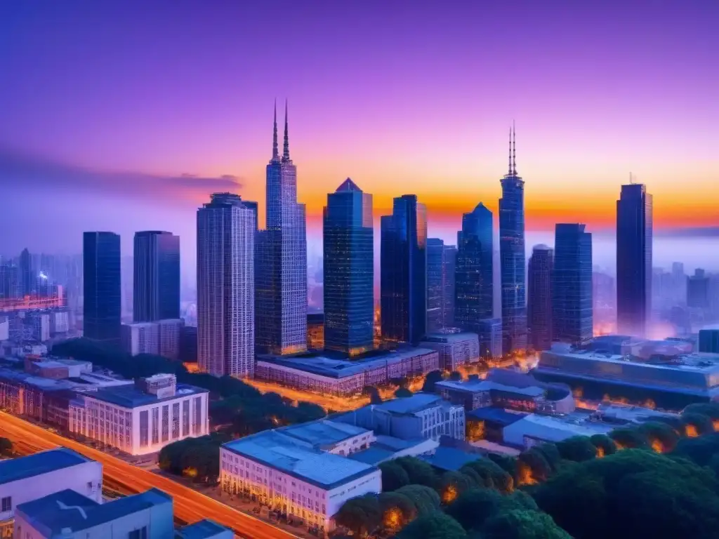 Inversión inmobiliaria en ciudad futurista al atardecer Grupo diverso de profesionales debatiendo en ciudad futurista al anochecer