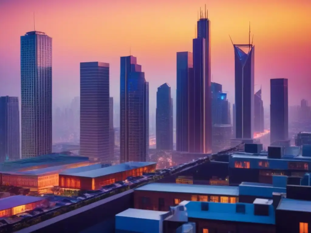 Horizonte urbano vibrante: fusión de innovación y tradición Grupo diverso de profesionales discuten en una ciudad futurista al atardecer, fusionando arquitectura moderna con motivos culturales