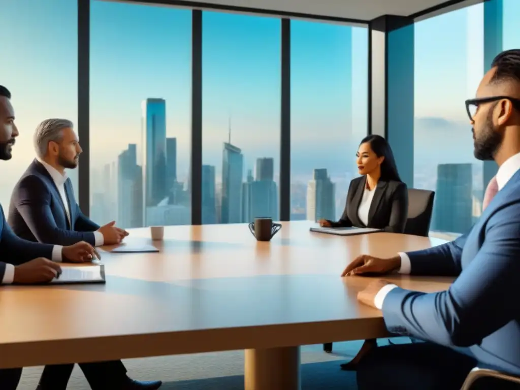 Reunión profesional sobre contratos de multipropiedad Un grupo diverso de profesionales discute sobre Contratos de tiempo compartido explicados en una sala moderna con vista a la ciudad