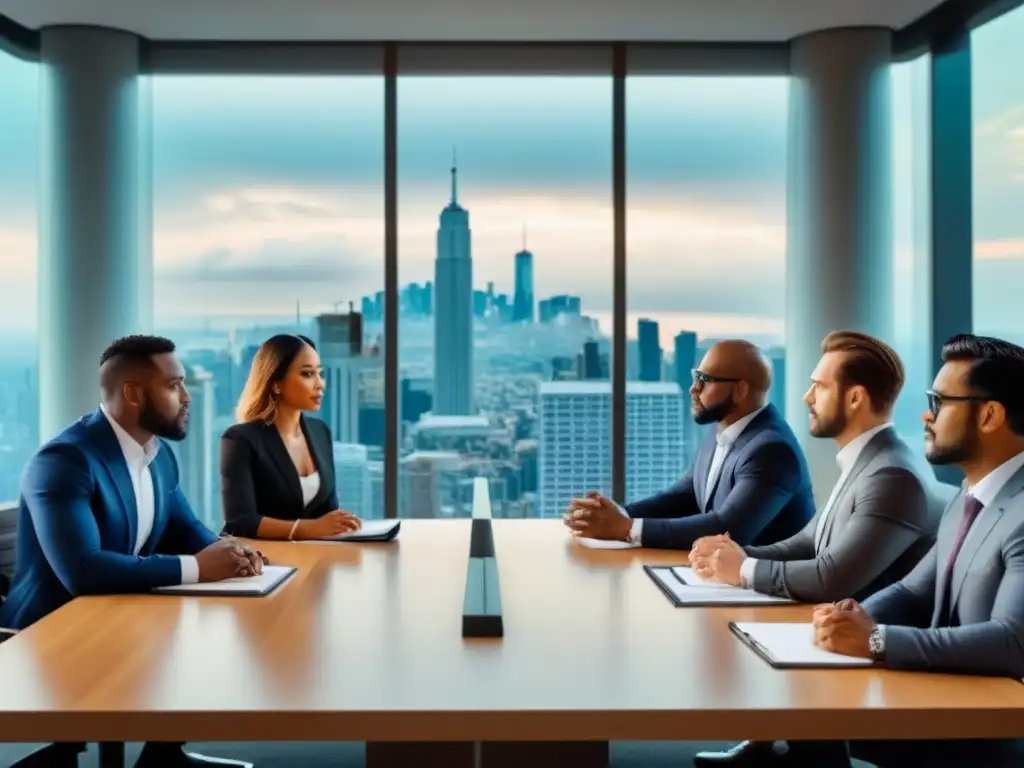 Reunión internacional de profesionales discutiendo disputas legales en inversión inmobiliaria Grupo diverso de profesionales discuten disputas legales en elegante sala de juntas con tecnología avanzada y vista a la ciudad