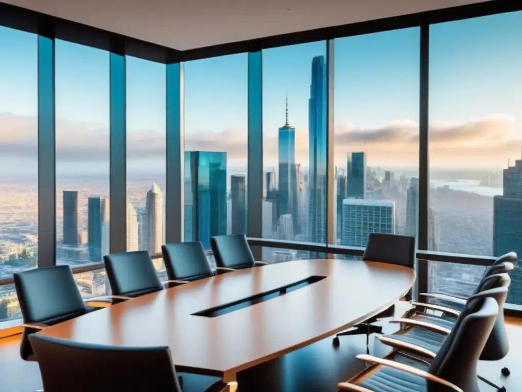 Sala de juntas moderna con vista panorámica de la ciudad Grupo diverso de profesionales enfocados en una sala de juntas moderna, discutiendo estrategias de inversión inmobiliaria global