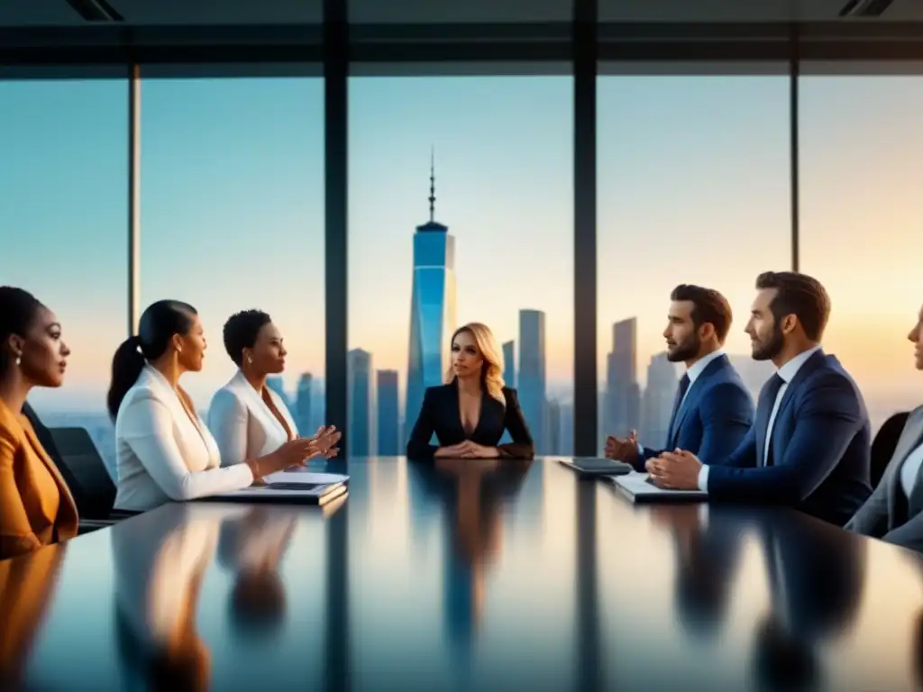 Intensa reunión de negocios en moderno salón ejecutivo con vista urbana Un grupo diverso de profesionales discute estrategias de inversión en un moderno salón ejecutivo con vista a la ciudad al atardecer