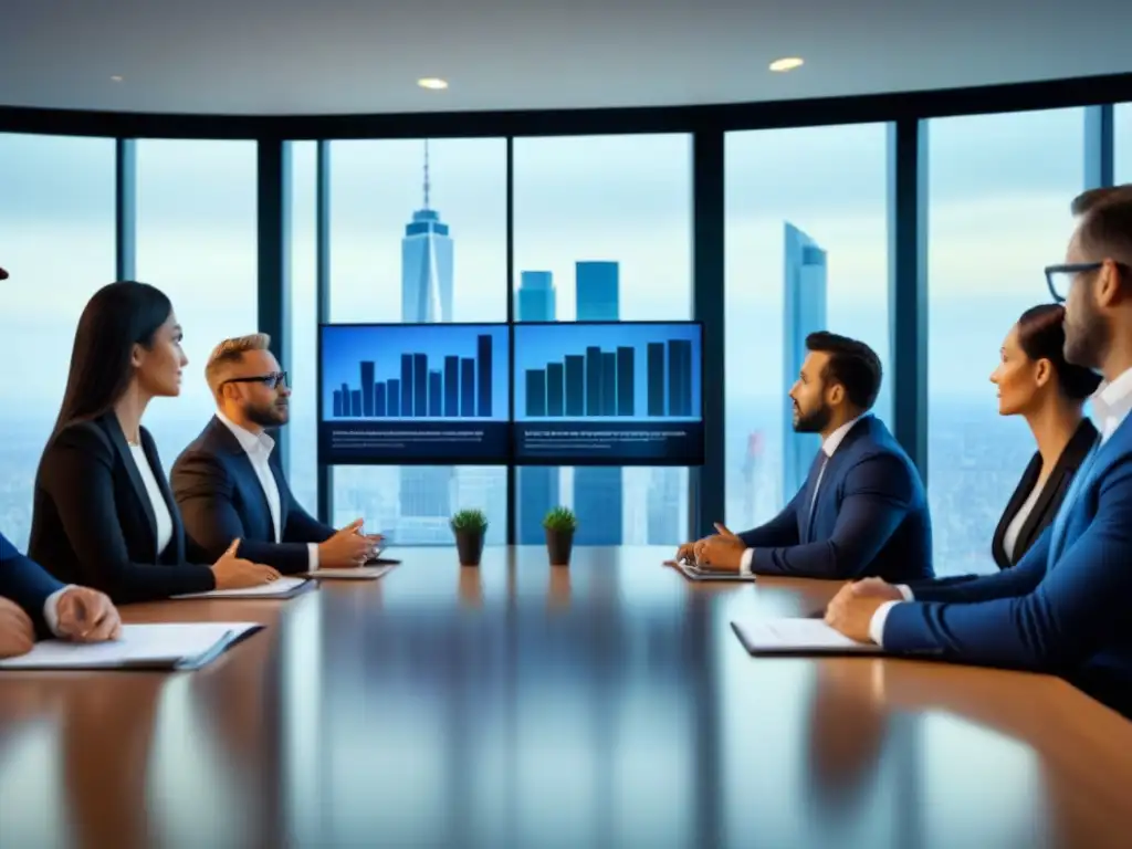Profesionales debatiendo estrategias de inversión inmobiliaria en sala de juntas moderna Grupo diverso de profesionales discutiendo estrategias de inversión inmobiliaria en una oficina de alta gama con vista a la ciudad