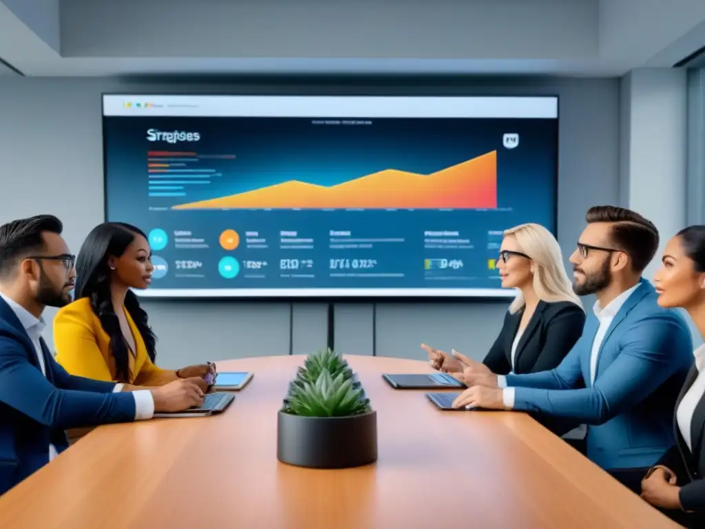 Reunión estratégica de profesionales en oficina moderna Un grupo diverso de profesionales discuten estrategias de Marketing de contenidos para inmobiliaria internacional en una oficina moderna
