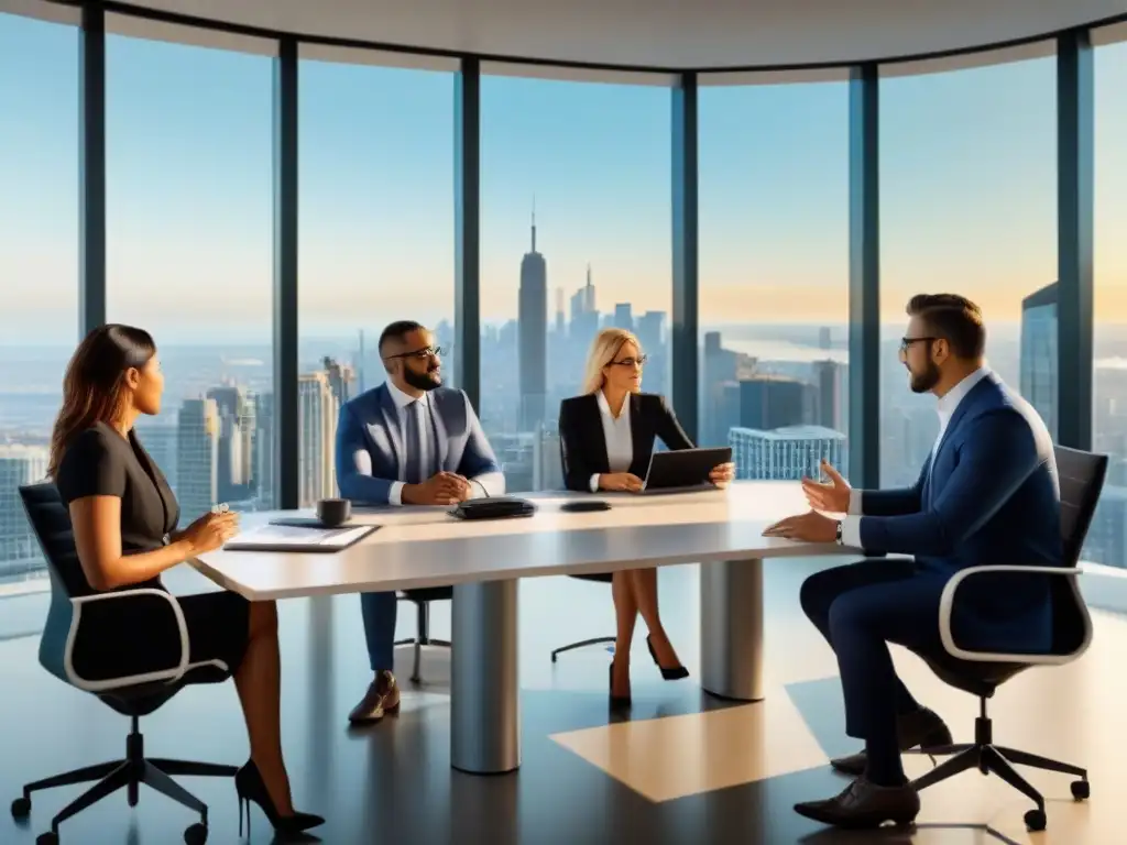 Conferencia de expertos en inversión inmobiliaria internacional: diversidad y éxito Grupo diverso de profesionales discuten estrategias de inversión inmobiliaria internacional postpandemia en una oficina moderna con vistas a la ciudad