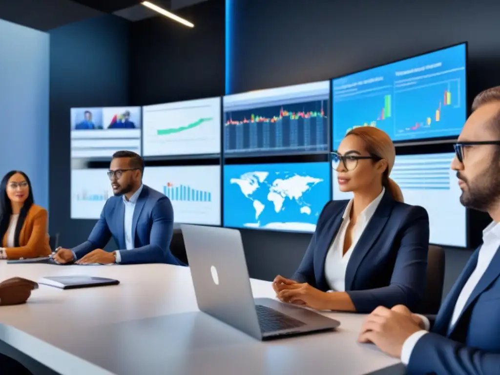 Webinar profesional: expertos globales en mercado inmobiliario Un grupo diverso de profesionales en un estudio de seminarios web moderno, discutiendo sobre mercados inmobiliarios internacionales